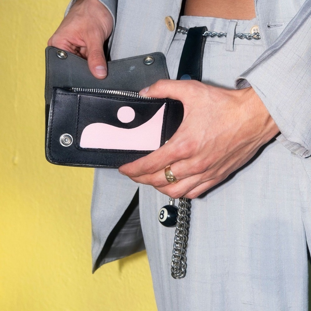 Black Leather Chain Wallet, Hand Painted Pastel Pink Black, Biker bi-fold wallet